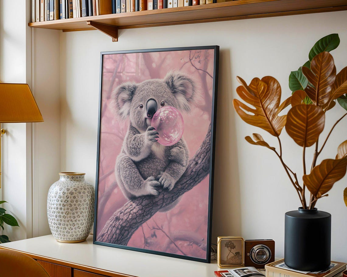 Sweet Koala Blowing A Bubblegum Bubble On A Branch In Pink Poster - Image 2