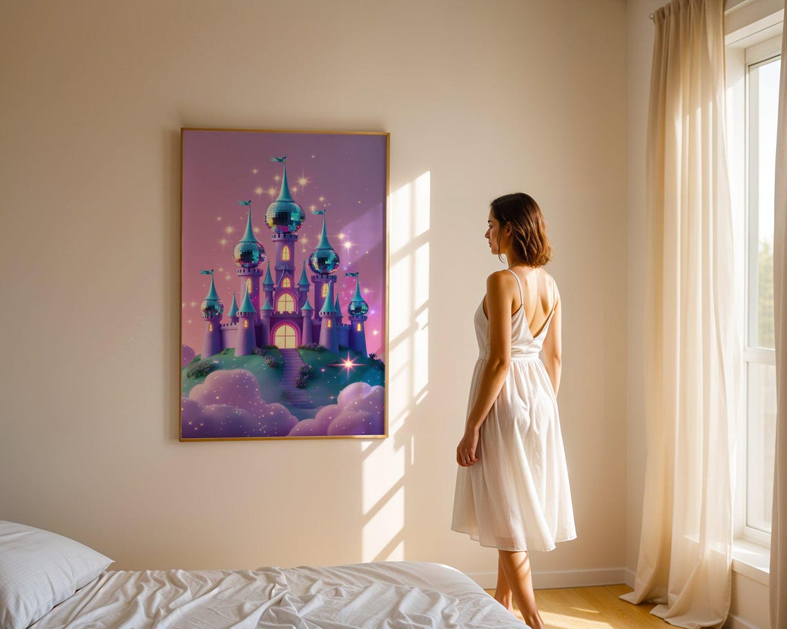 Fantasy Castle With Disco Ball Domes Purple Starry Sky Poster - Image 3