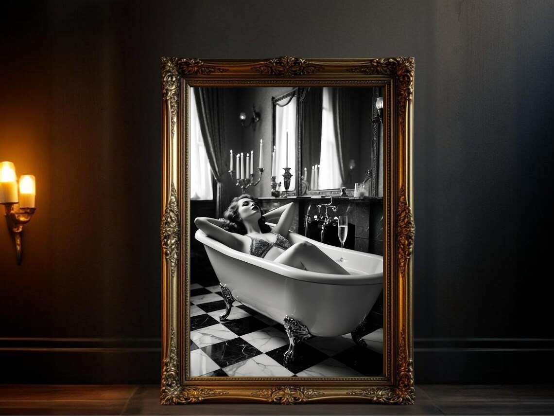 Woman Reclining In A Clawfoot Tub With Champagne Flute Poster