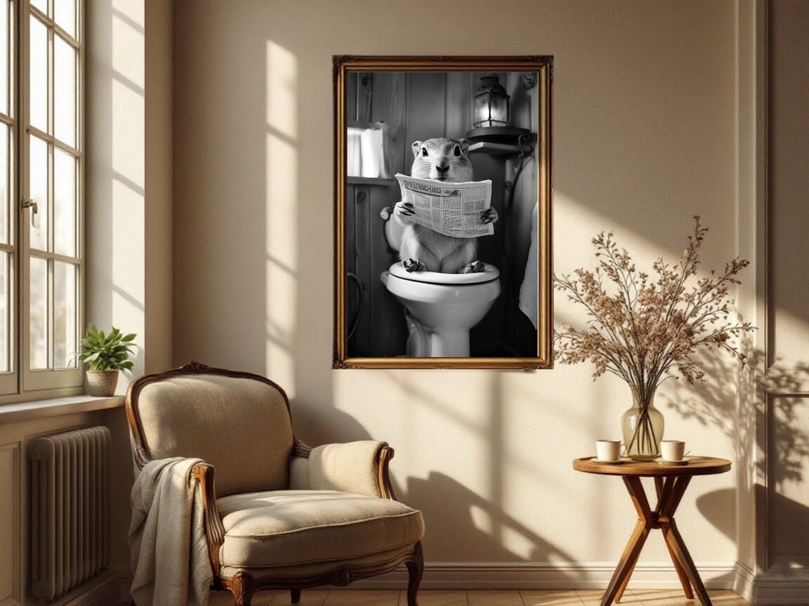 Squirrel Reading Newspaper on the Toilet Black and White Poster - Image 4
