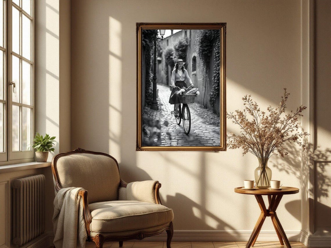 Woman Cycling Cobblestone Alley with Baguette-Filled Basket Poster - Image 2