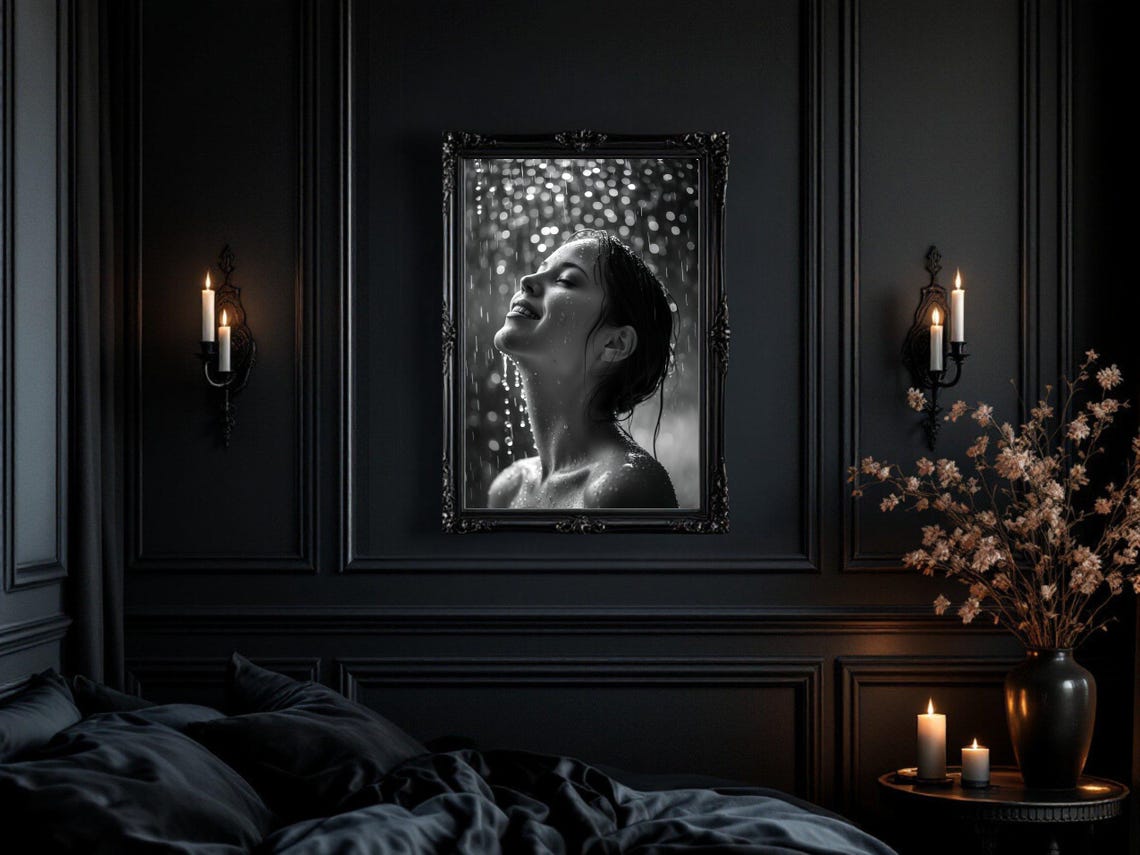 Black And White Rain Portrait Of A Joyful Woman In Summer Rain Poster - Image 3
