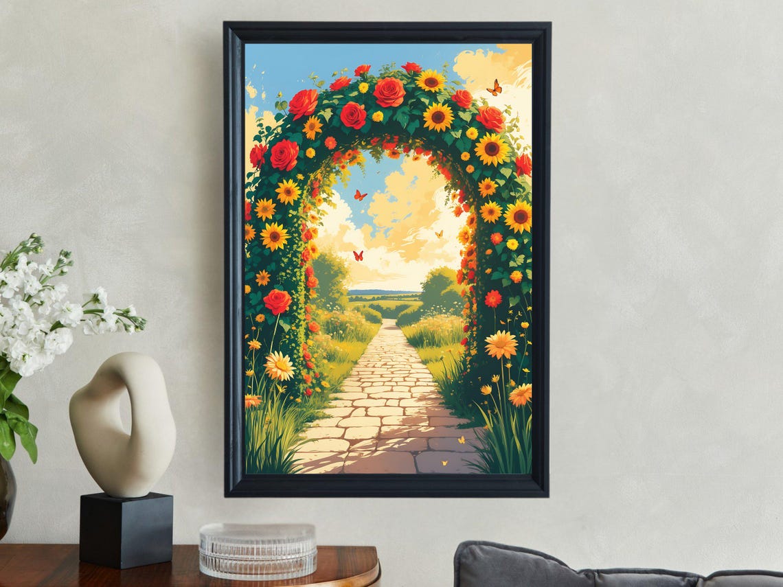 Sunflower And Red Rose Arch Over Sunlit Garden Stone Path Poster
