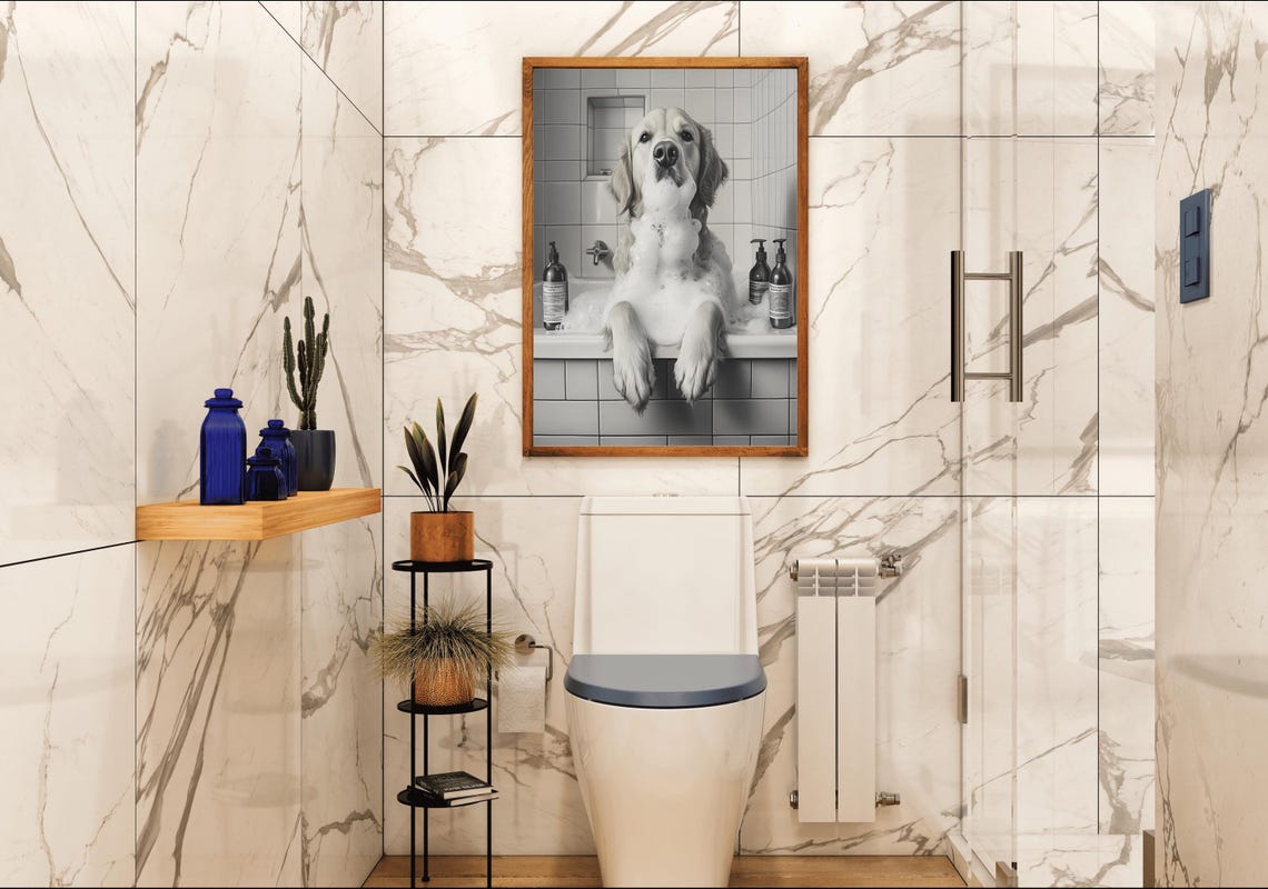 Golden Retriever Enjoying a Bubble Bath Black and White Dog Poster - Image 4