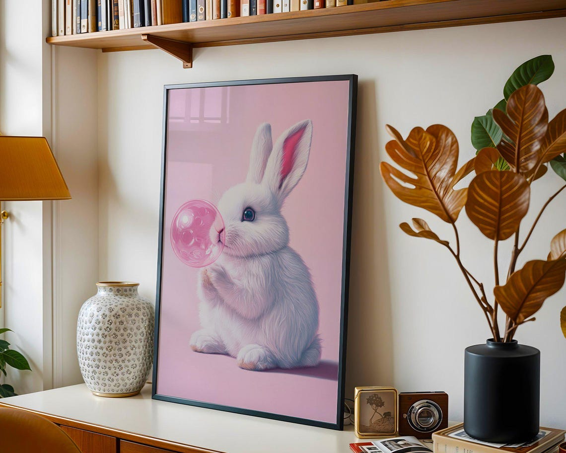 White Bunny Blowing Pink Bubblegum Bubble Pastel Kids Room Poster - Image 2