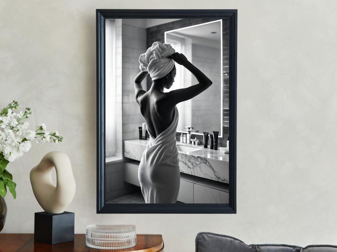 Woman in a Towel Turban Standing Before a Bathroom Mirror Poster - Image 4