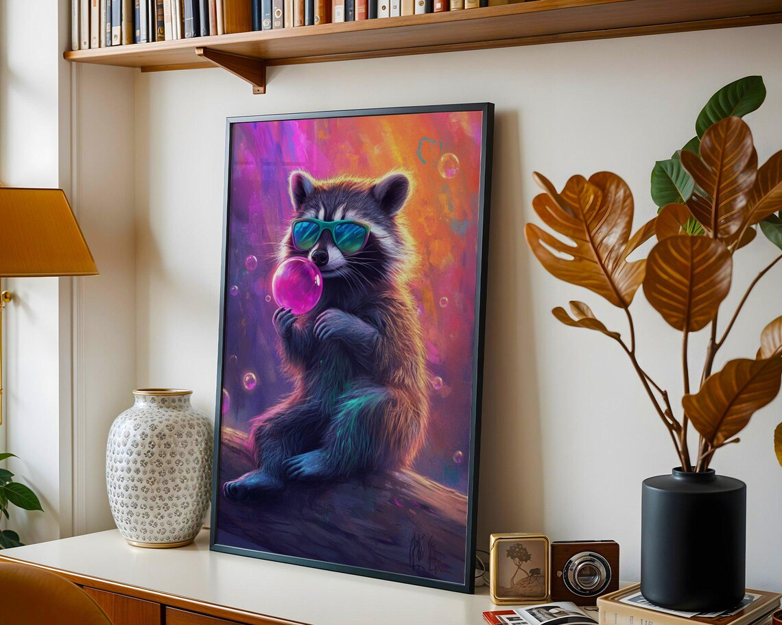 Raccoon In Sunglasses Blowing A Bubblegum Bubble In Neon Glow Poster - Image 2