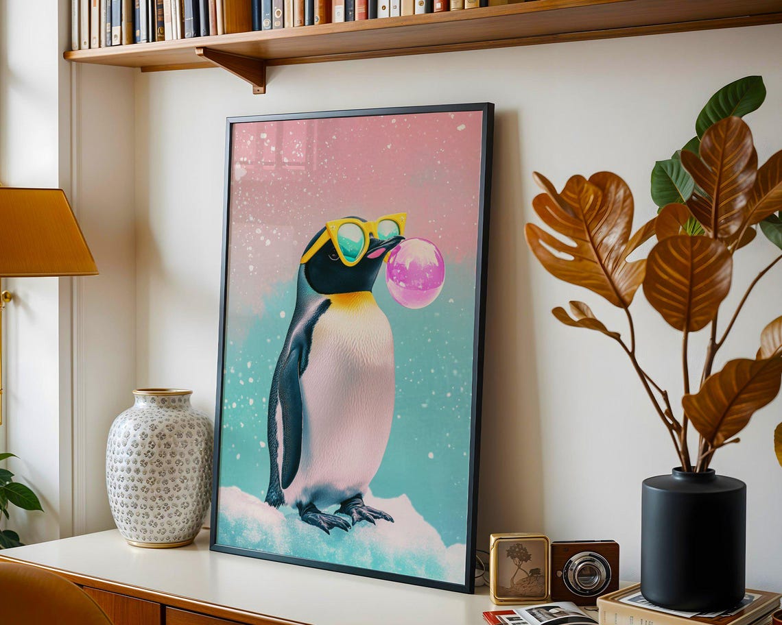 Penguin in Yellow Sunglasses Blowing Pink Bubble on Ice Poster - Image 2