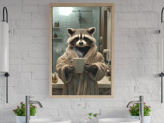 Raccoon in a Fluffy Bathrobe Holding a Steaming Coffee Mug Poster