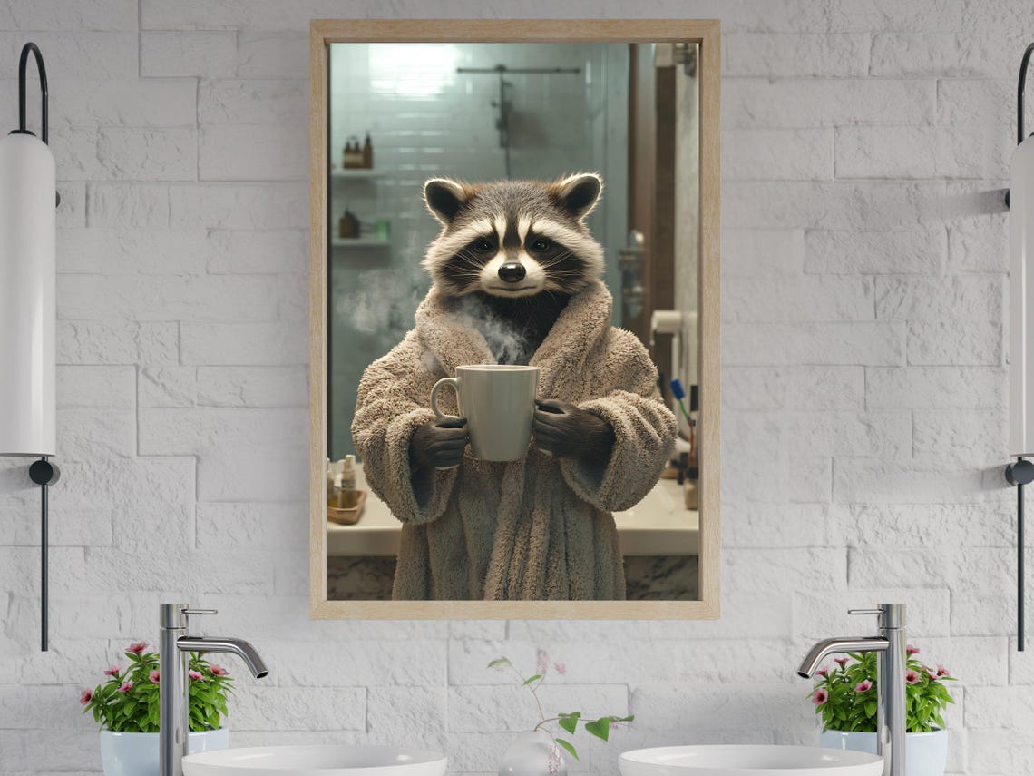Raccoon in a Fluffy Bathrobe Holding a Steaming Coffee Mug Poster