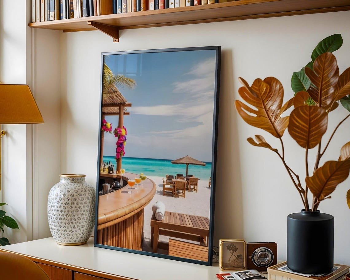 Tropical Beach Bar With Cocktails on White Sand Ocean Poster - Image 3