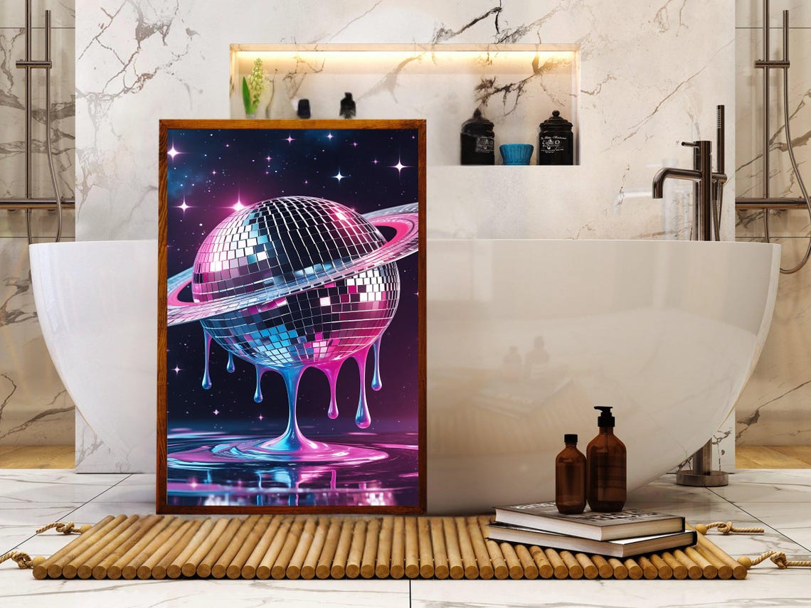 Melting Disco Ball Planet With Saturn Ring Neon Space Art Poster - Image 2