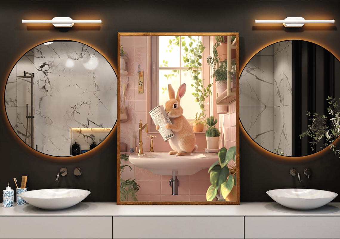 Cute Bunny Standing On A Bathroom Sink Holding A Newspaper Poster - Image 3