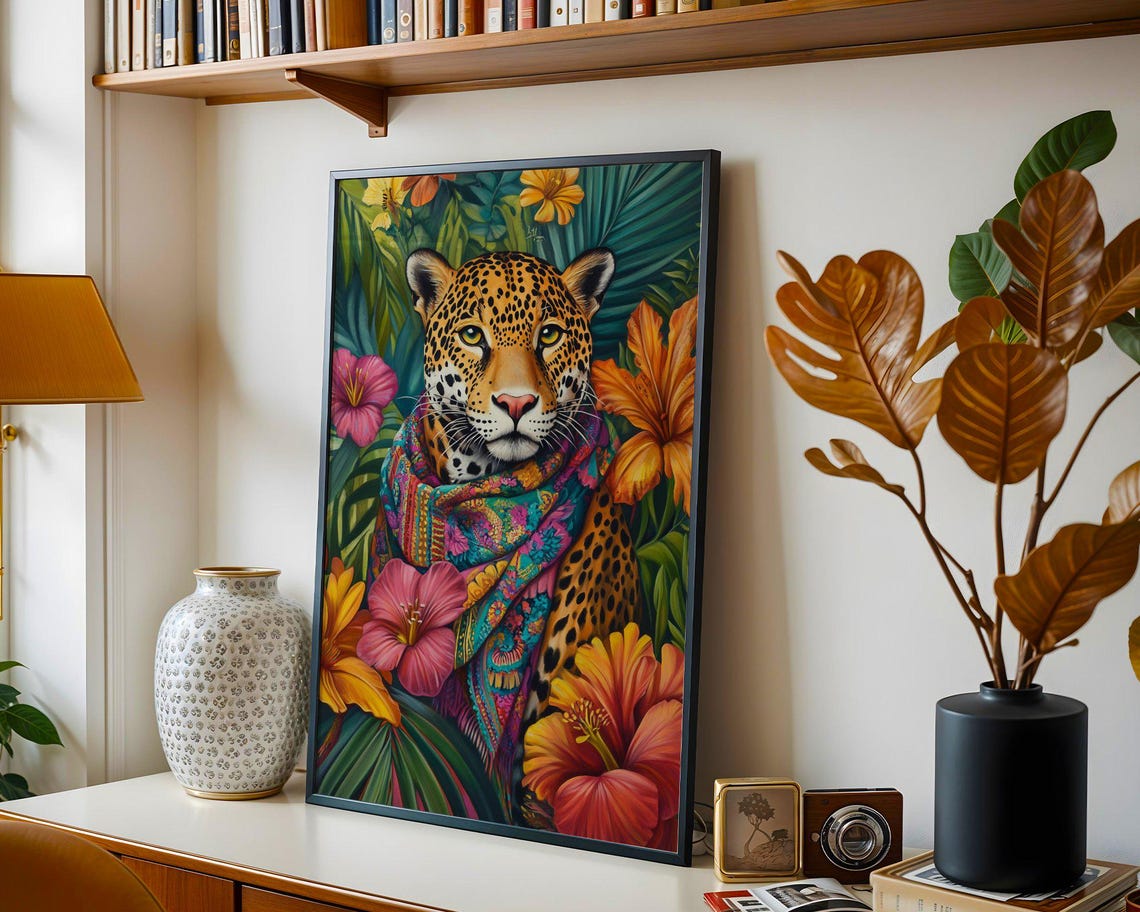Colorful Leopard In A Bohemian Scarf Among Tropical Flowers Poster - Image 5