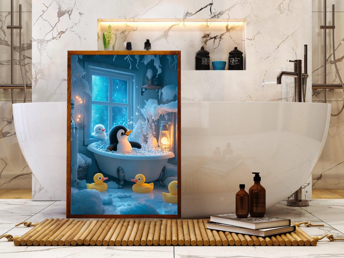 Penguin Bubble Bath with Rubber Ducks in Winter Scene Poster - Image 5