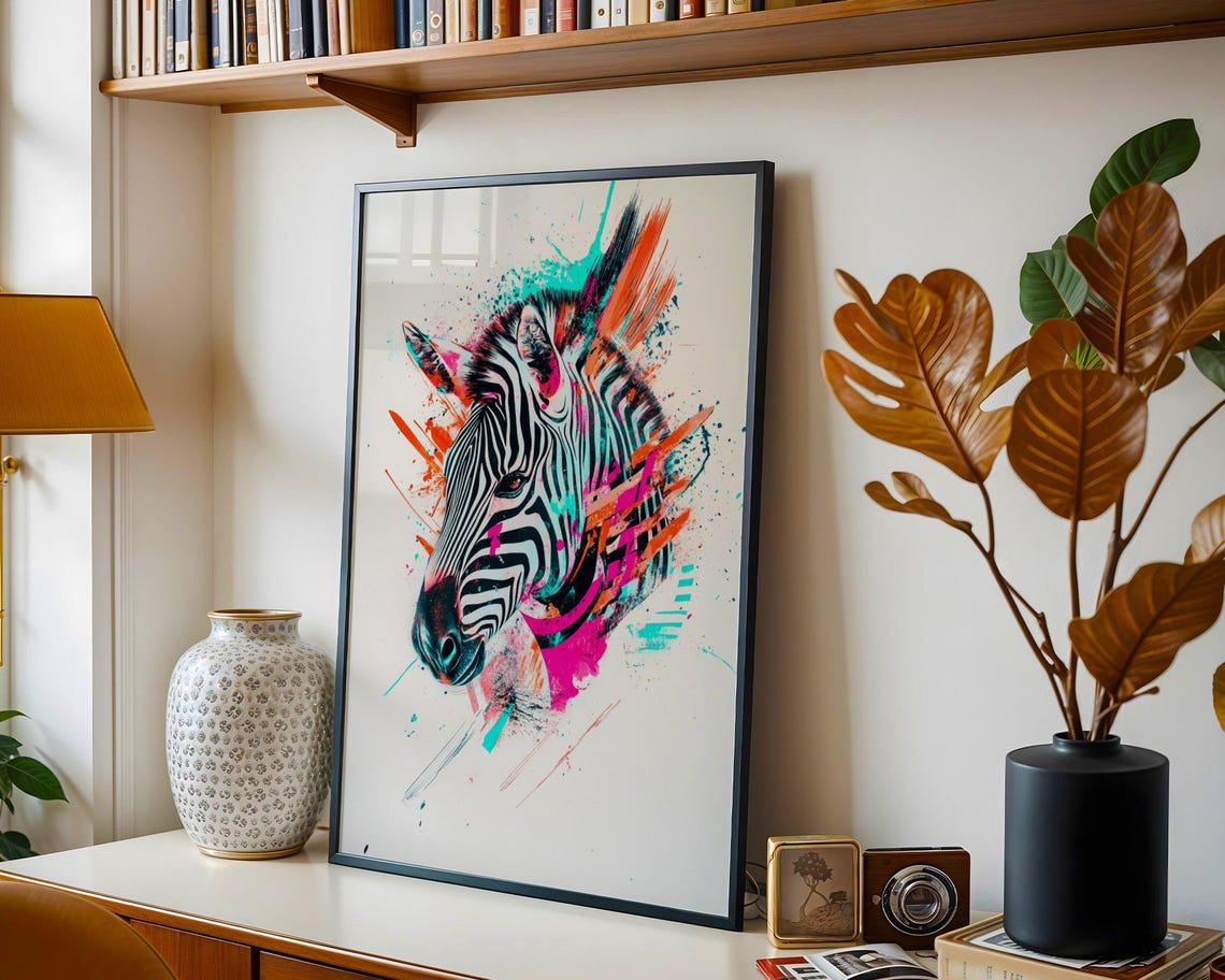 Abstract Zebra Portrait in Neon Splash Paint Modern Wild Poster - Image 2