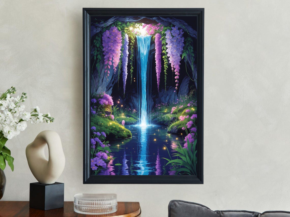 Waterfall Grotto With Hanging Wisteria In Magical Cave Poster