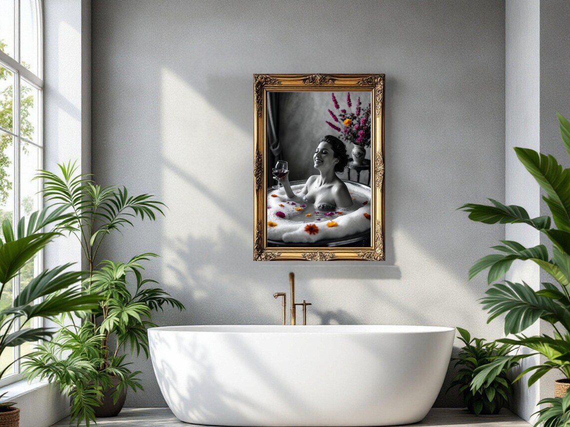 Woman in a Bubble Bath With Wine and Colorful Flowers Poster - Image 3