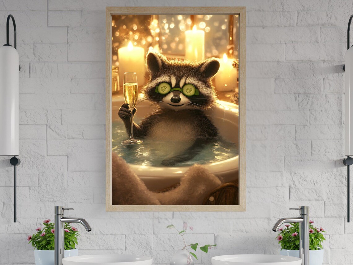 Raccoon Enjoying a Bubble Bath Spa Day With Champagne Candlelight Poster