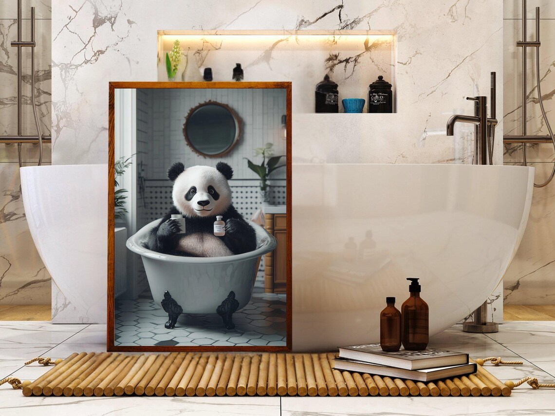Content Panda Holding Two Bath Bottles in a Vintage Clawfoot Tub Poster - Image 5