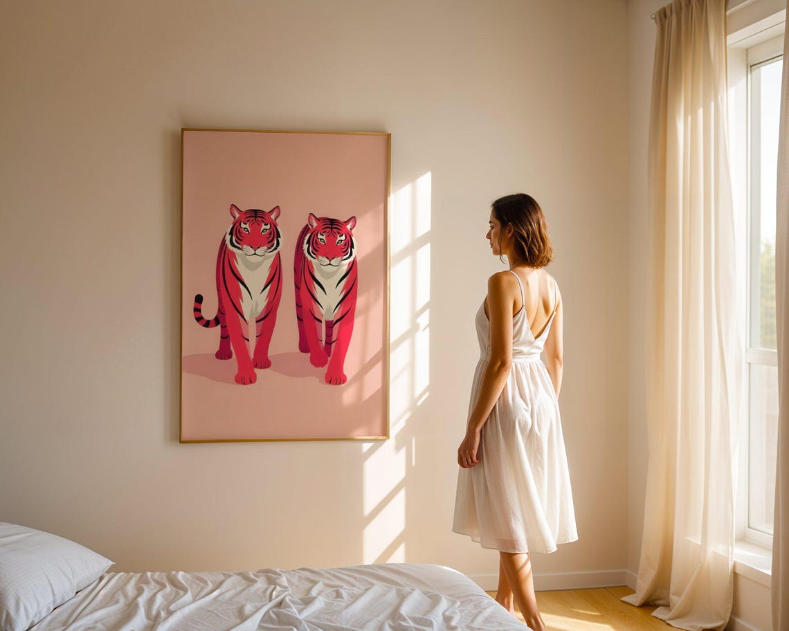 Pair of Red Tigers Walking Pink Background Modern Animal Art Print - Image 4