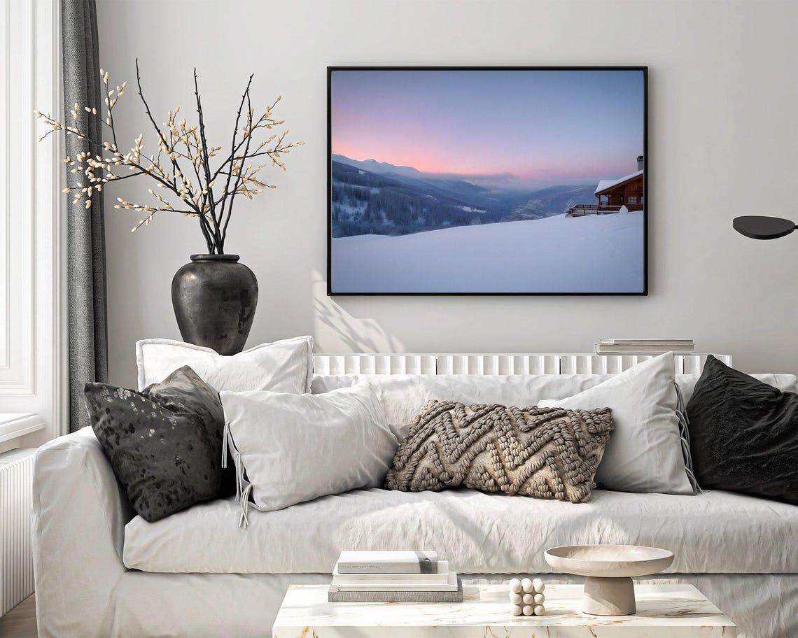 Cozy Snowy Mountain Cabin At Pink Sunset Winter Landscape Poster - Image 4