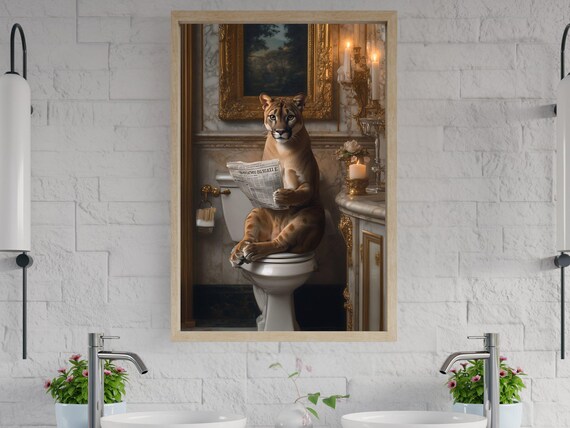 Regal Puma Reading the Newspaper in an Opulent Vintage Bathroom Poster