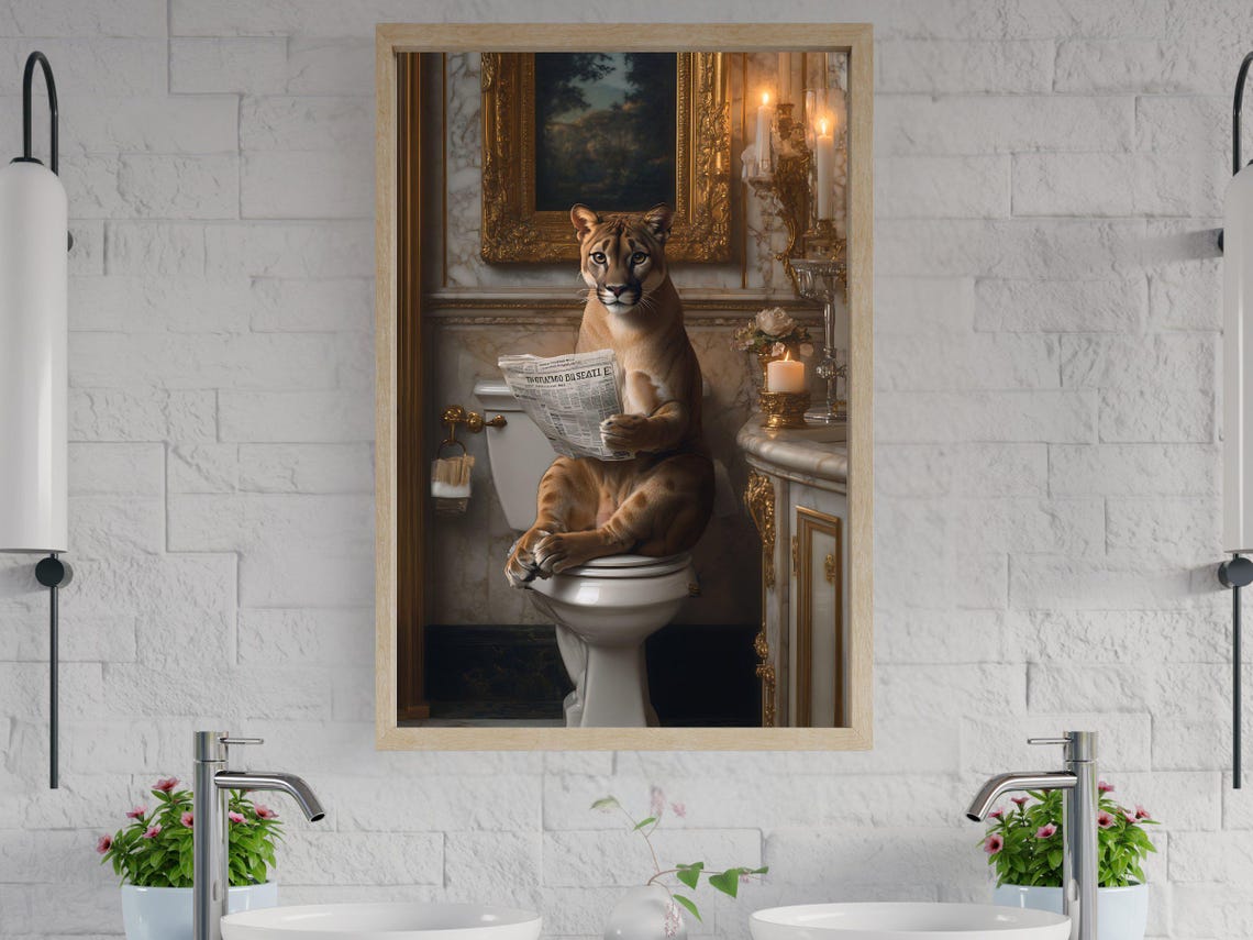 Regal Puma Reading the Newspaper in an Opulent Vintage Bathroom Poster