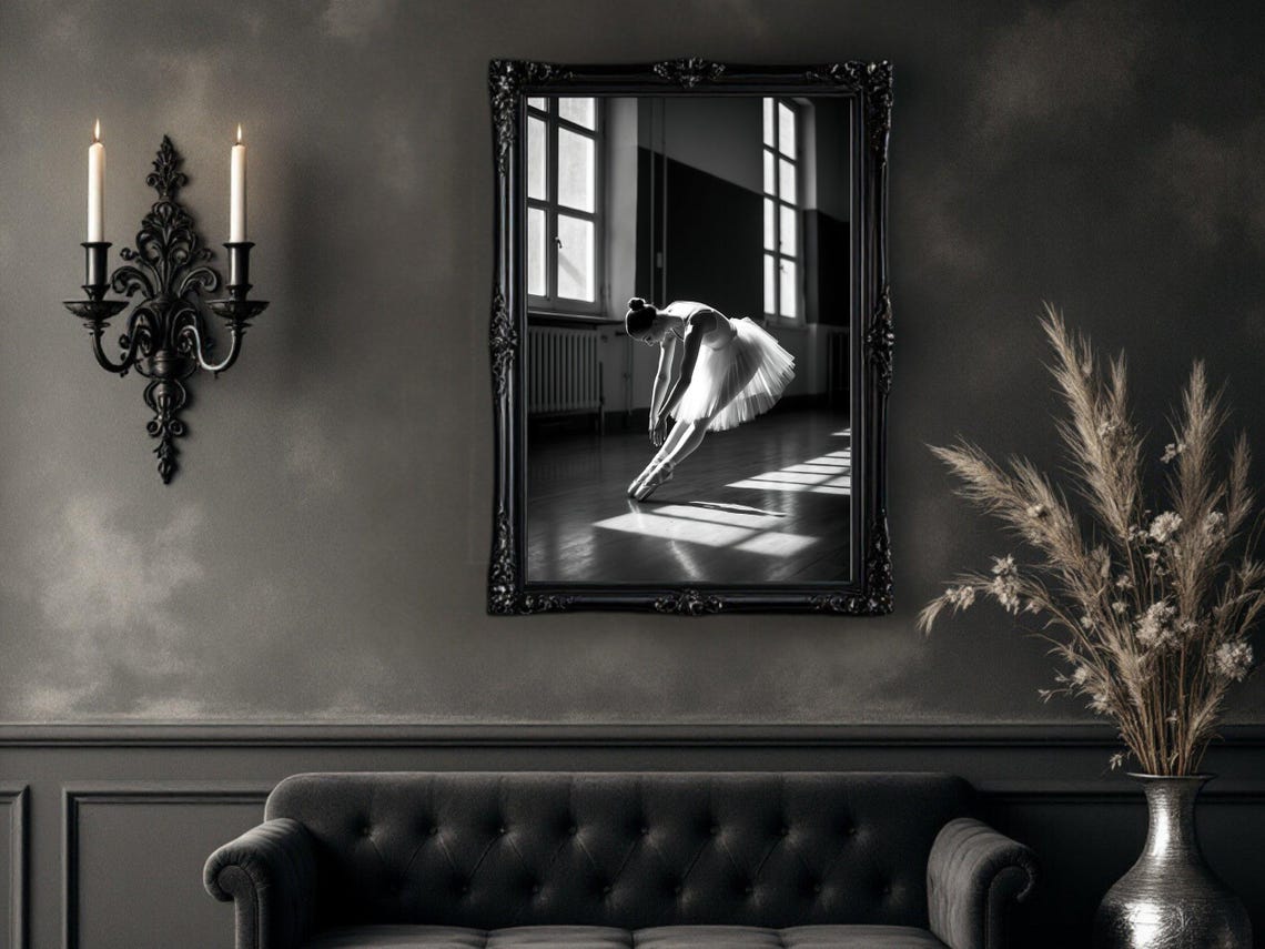 Ballerina in Tutu Rehearsing in Sunlit Studio, Black and White Poster - Image 4