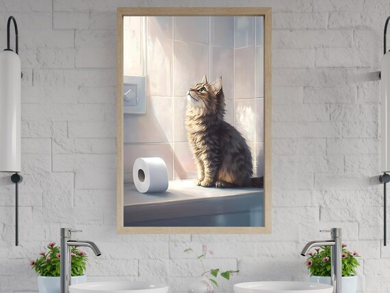 Long Haired Cat Basking in Sunlight Beside Toilet Paper Poster