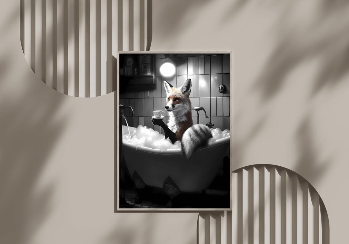 Fox Sipping Tea in a Bubble Bath Black and White Whimsical Poster