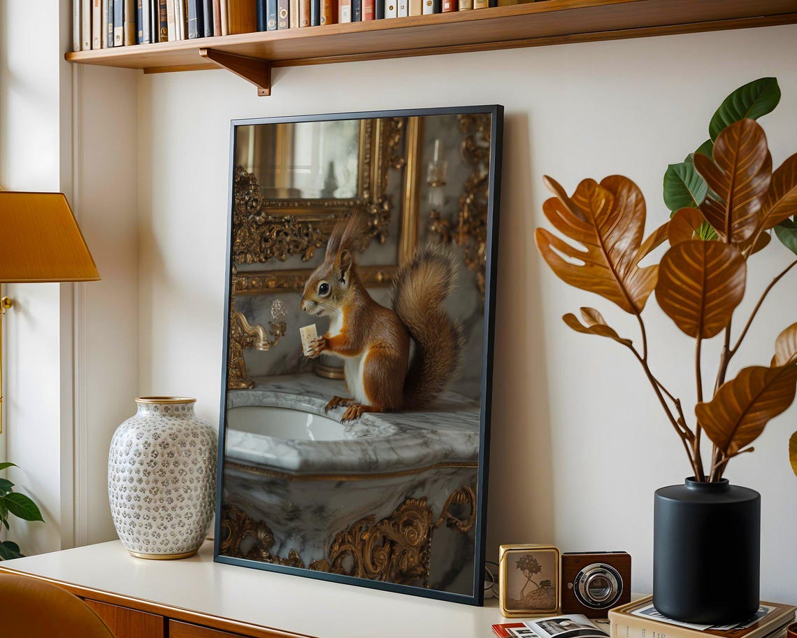 Tiny Red Squirrel Holding Soap on an Ornate Golden Marble Sink Poster - Image 4