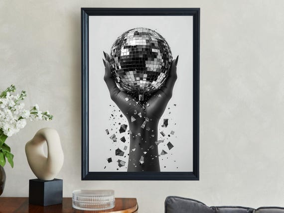 Modern Black And White Disco Ball Wall Art Unique Hand Holding Disco Ball Print Abstract Geometric Wall Decor Contemporary Art Print
