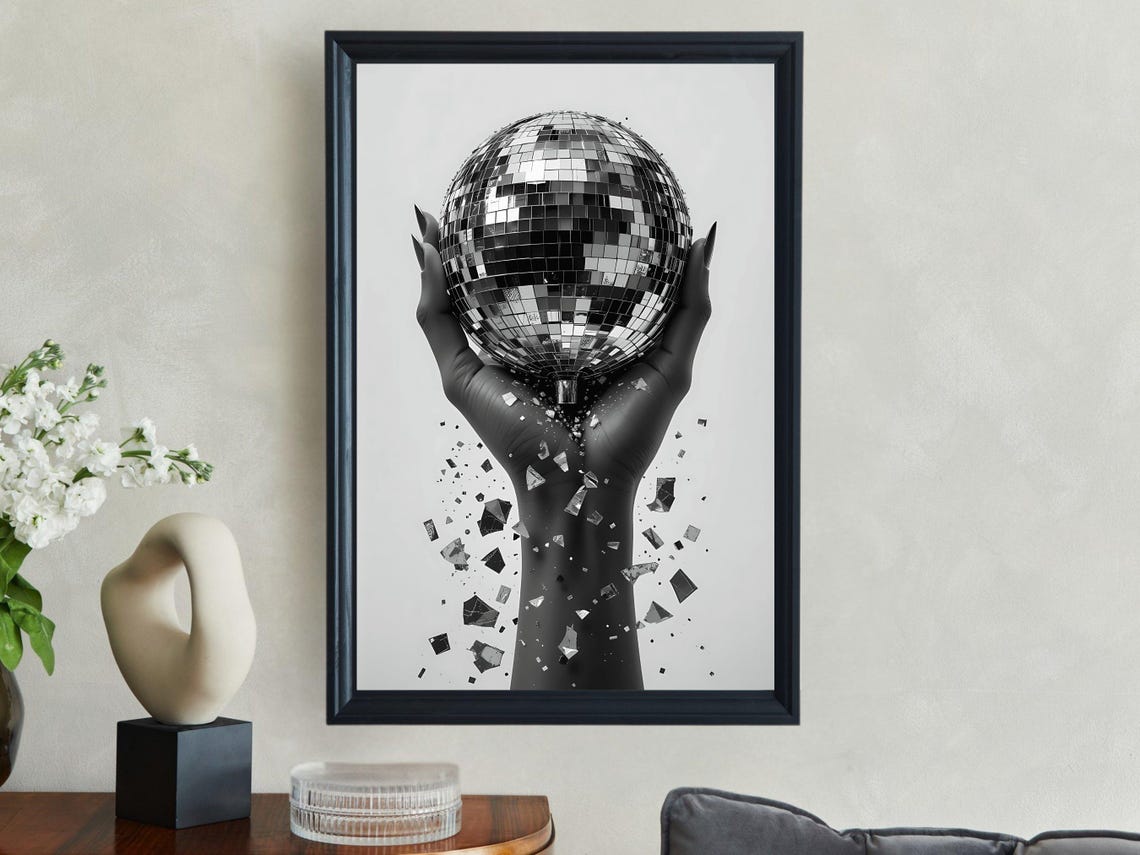 Modern Black And White Disco Ball Wall Art Unique Hand Holding Disco Ball Print Abstract Geometric Wall Decor Contemporary Art Print