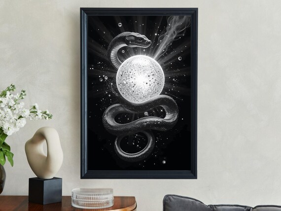 Celestial Serpent Wrapped Around Glowing Orb Night Sky Poster
