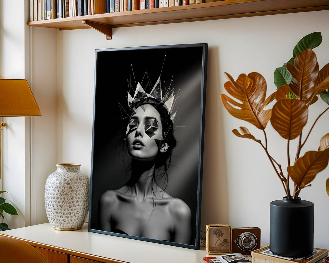 Woman With a Shattered Geometric Crown Over Her Eyes Monochrome Poster - Image 2