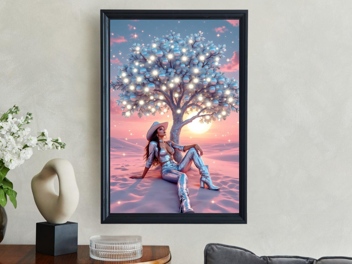 Silver Cowgirl Lounging Under Disco Orb Tree Desert Sunset Poster