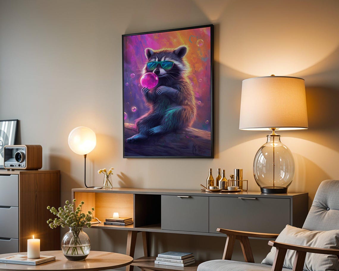 Raccoon In Sunglasses Blowing A Bubblegum Bubble In Neon Glow Poster - Image 3
