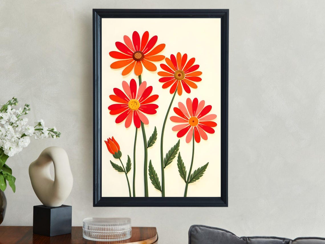 Orange Red Daisy Flowers Cream Background Botanical Art Print