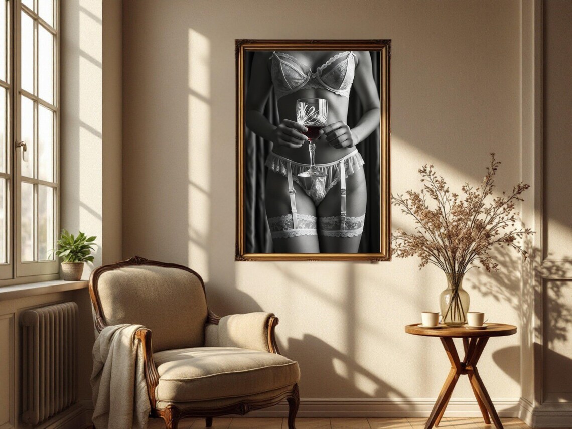 Woman In White Lace Lingerie Holding A Glass Of Red Wine Poster - Image 2