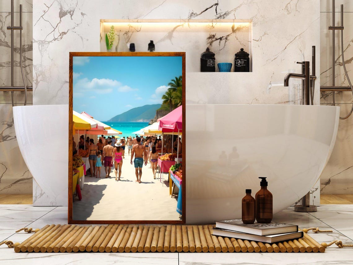 Lively Beach Market with Colorful Stalls Seaside Scene Poster - Image 2