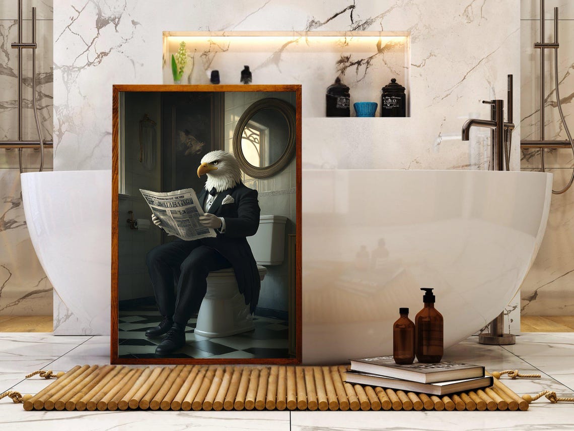 Bald Eagle in a Tuxedo Reading Newspaper on the Toilet Poster - Image 5
