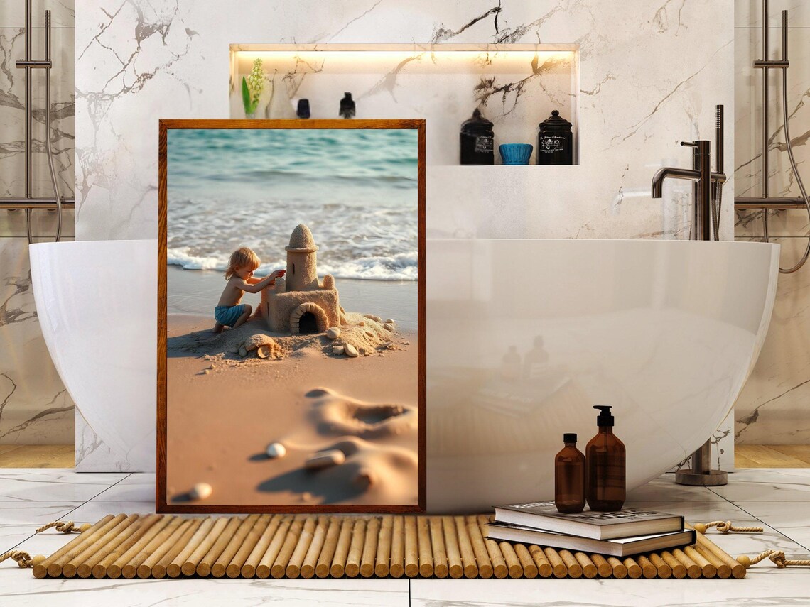 Happy Child Building A Sandcastle On The Shore At Golden Hour Poster - Image 2