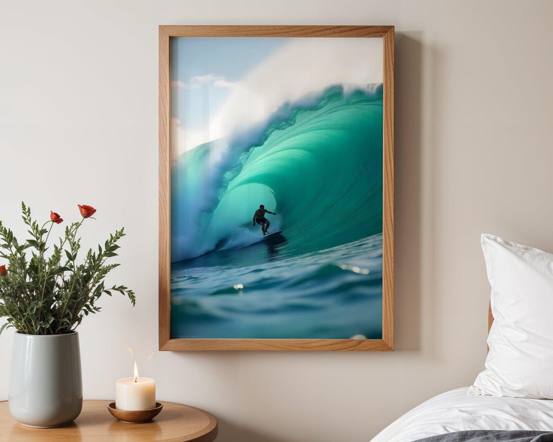 Surfer Deep in Turquoise Barrel Wave Ocean Action Photo Poster