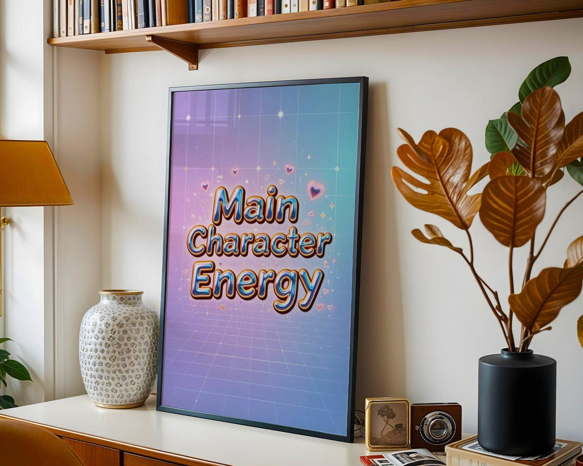 Main Character Energy Pink Retro Grid Hearts Typography Quote Poster - Image 3