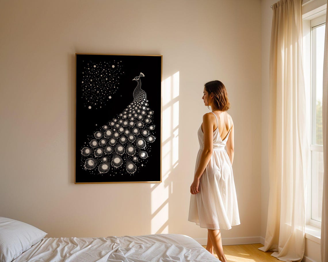 White Line Art Peacock With Starry Tail On Black Elegant Bird Poster - Image 5
