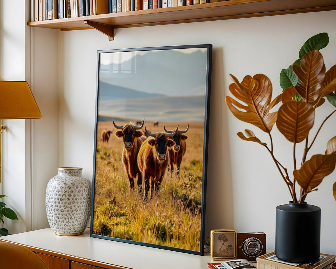 Highland Cattle Herd With Long Horns in Golden Meadow Poster - Image 3
