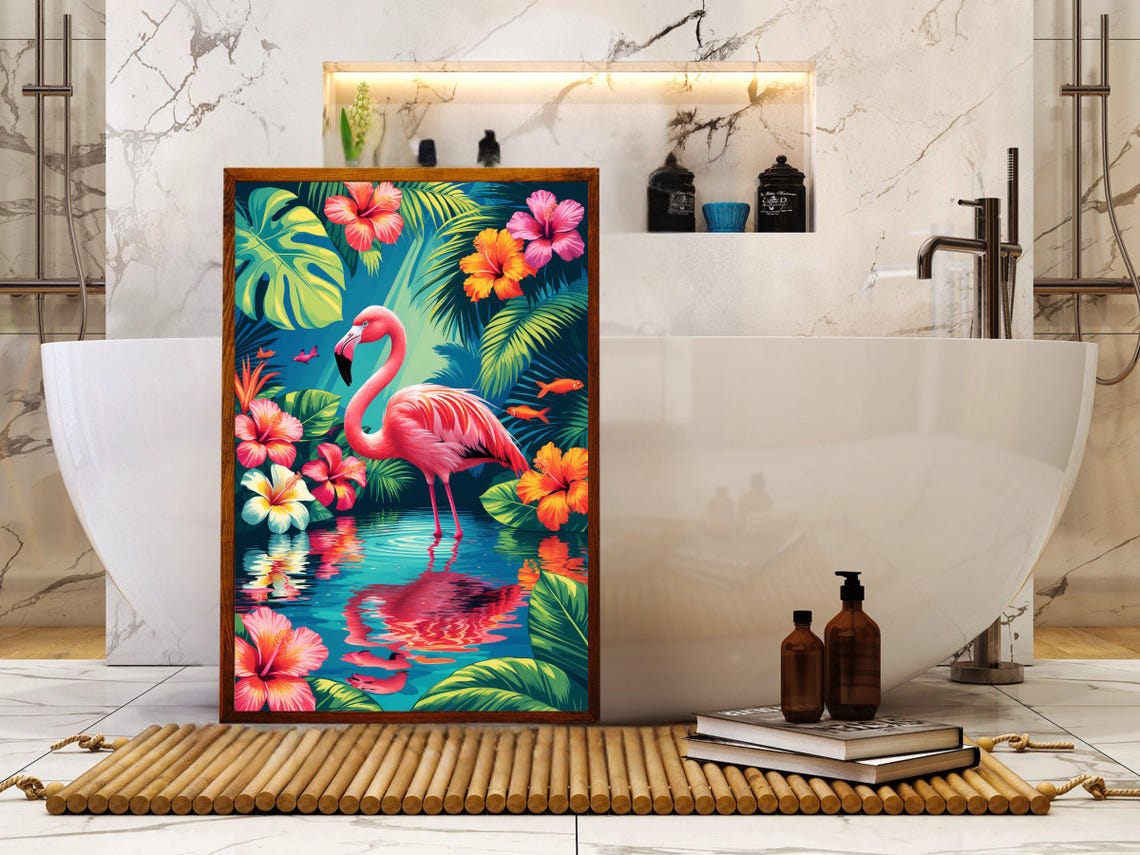 Pink Flamingo In Tropical Lagoon With Hibiscus Blooms Poster - Image 5
