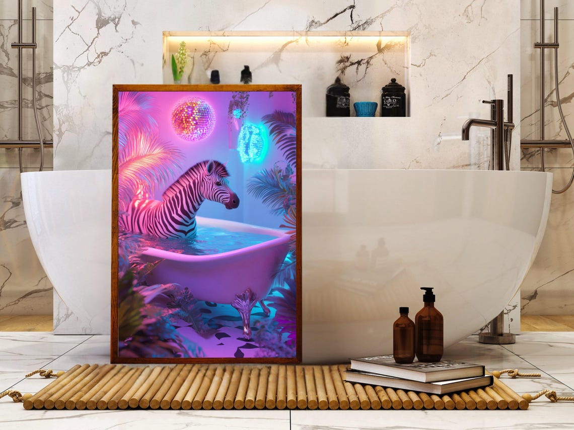 Zebra Soaking in a Bathtub Under Neon Tropical Lights Poster - Image 5