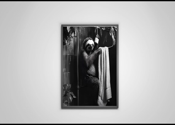 Sloth Hanging In Shower Holding Towel Black And White Poster